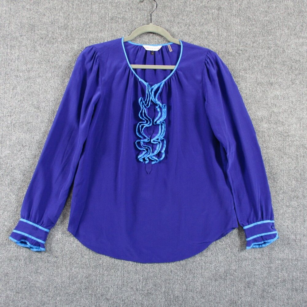 Rebecca Taylor Silk Blouse Shirt Womens 4 Small Blue Ruffle Pull Over Career